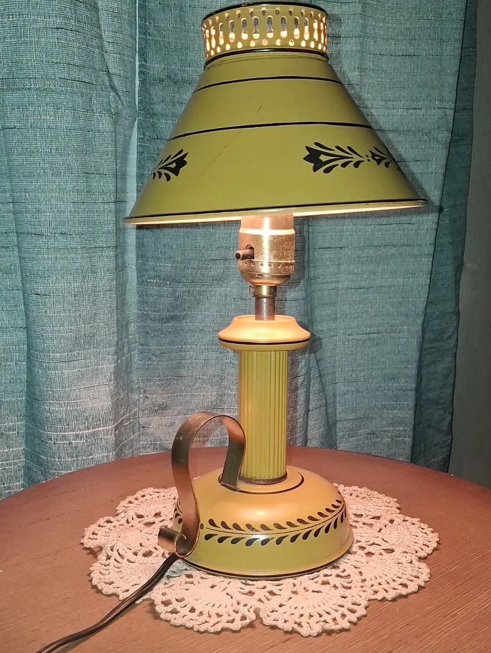 Vintage Toleware Yellow And Black Lamp